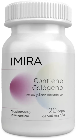 Frasco de Imira con 20 cápsulas de colágeno de 500 mg
